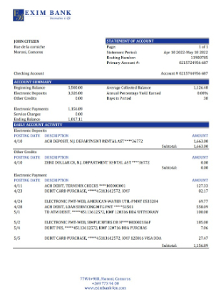 Download Comoros  Exim bank statement excel Photoshop template